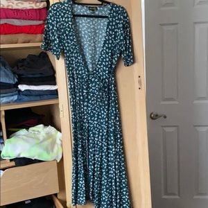 Green floral wrap midi dress